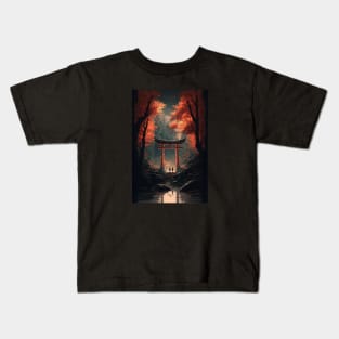 Magical Torii Gate in Autumn Japanese Forest - Aesthetic Anime and Manga-inspired Design Kids T-Shirt